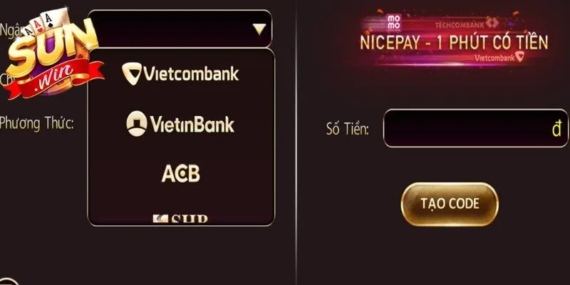  Thực hiện nạp tiền nhanh chóng để bắt đầu chinh phục Game bài Sunwin