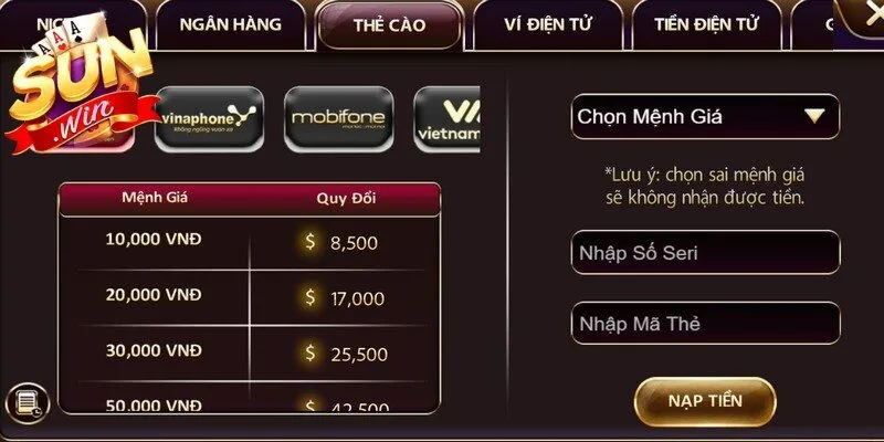 Thực hiện các bước gửi tiền đơn giản để nhận vốn chơi game tại Sunwin